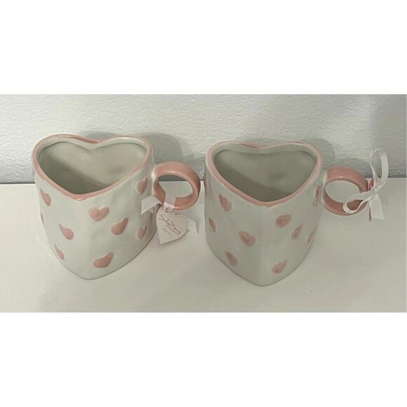 HEART Coffee Cups Heart Shaped Pink/White Hearts Coffee Mug Set of TWO - Picture 2 of 5